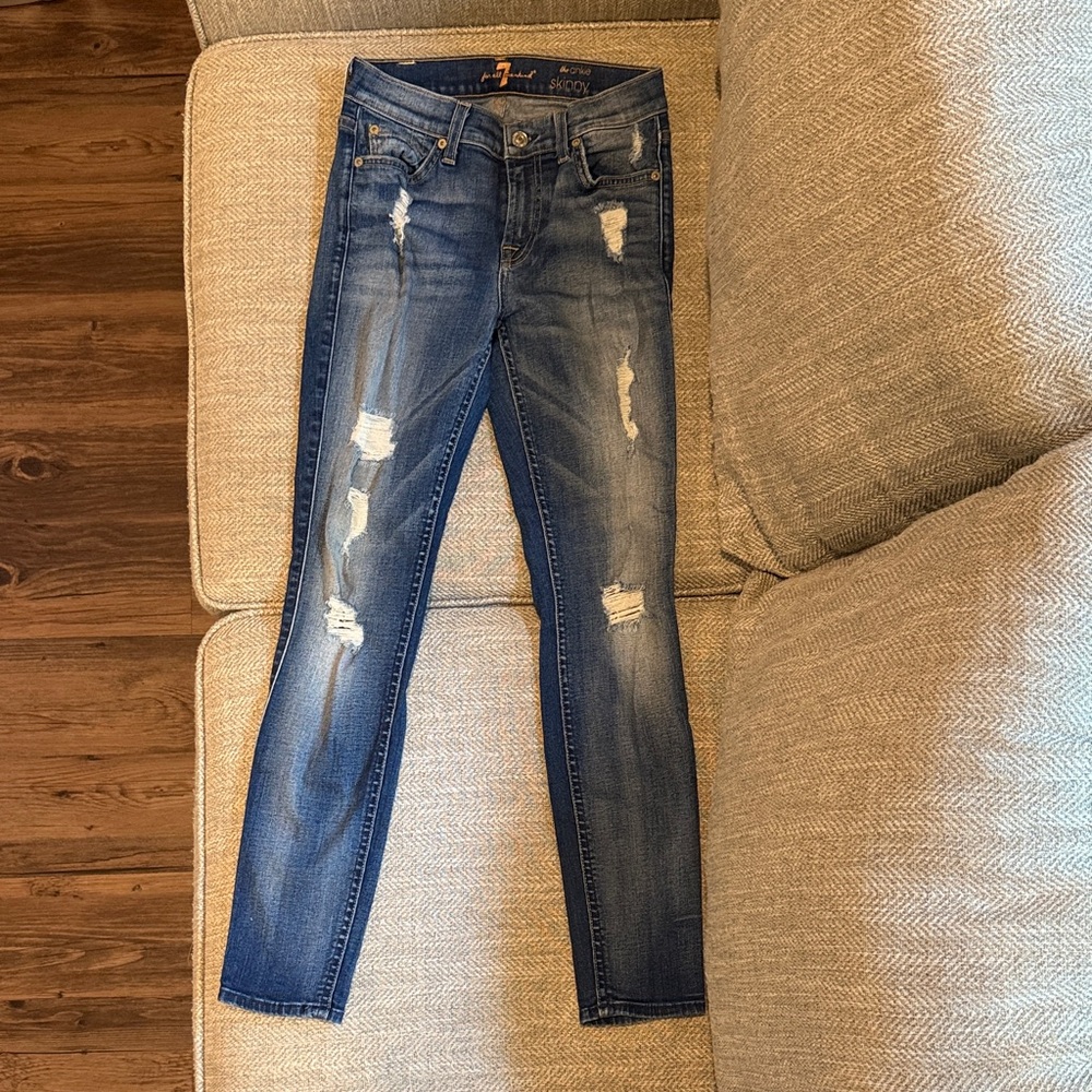 7 For All Mankind Distressed Blue Skinny Jeans